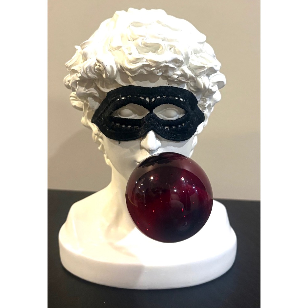 Modern White Resin David Bust Sculpture Black Lace Mask Red Bubblegum Pop Art
